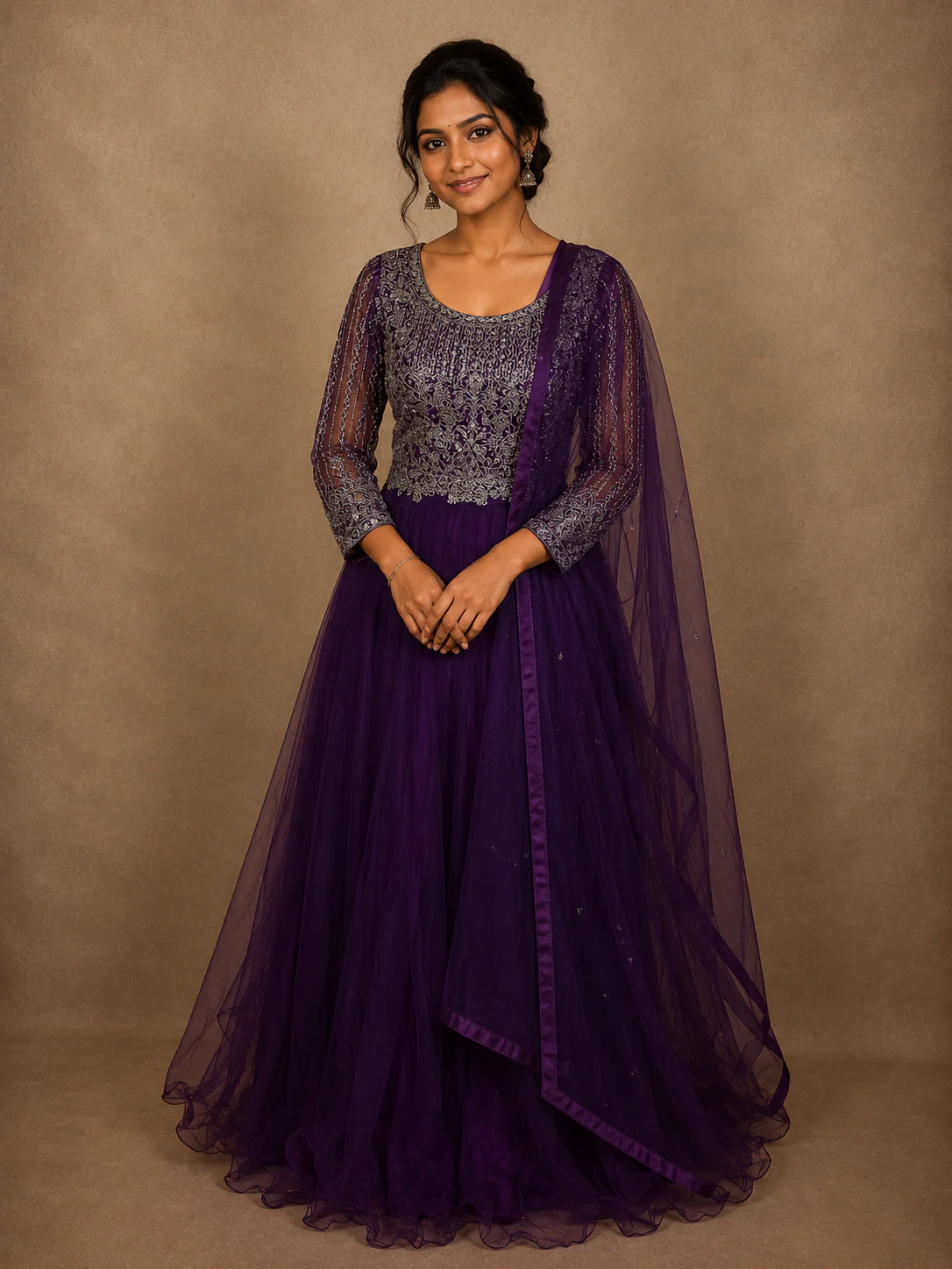 Deep Royal Plum Purple Floral Zari Embroidered Design Net Gown with Dupatta